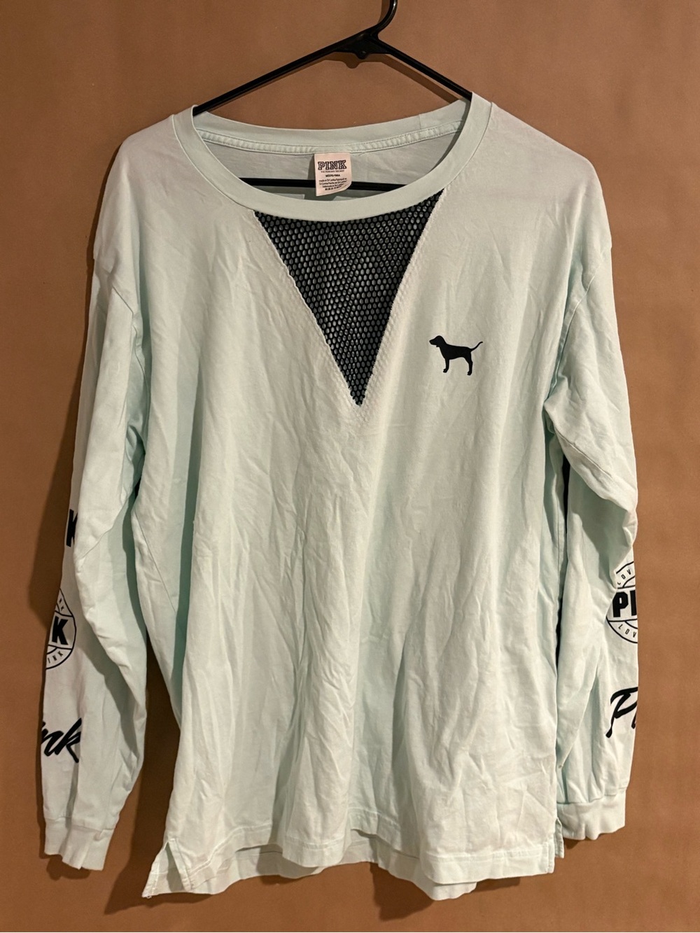 PINK Victoria's Secret Light Mint Long Sleeve Tee with Black Mesh V